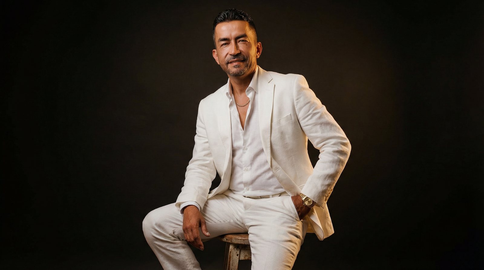 Waldir Ortiz de traje blanco, sentado y sonriente